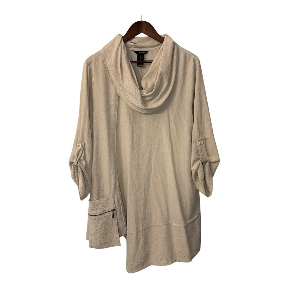 Ali Miles cowl neck blouse womens XL neutral zipper pouch asymmetrical lagenlook
